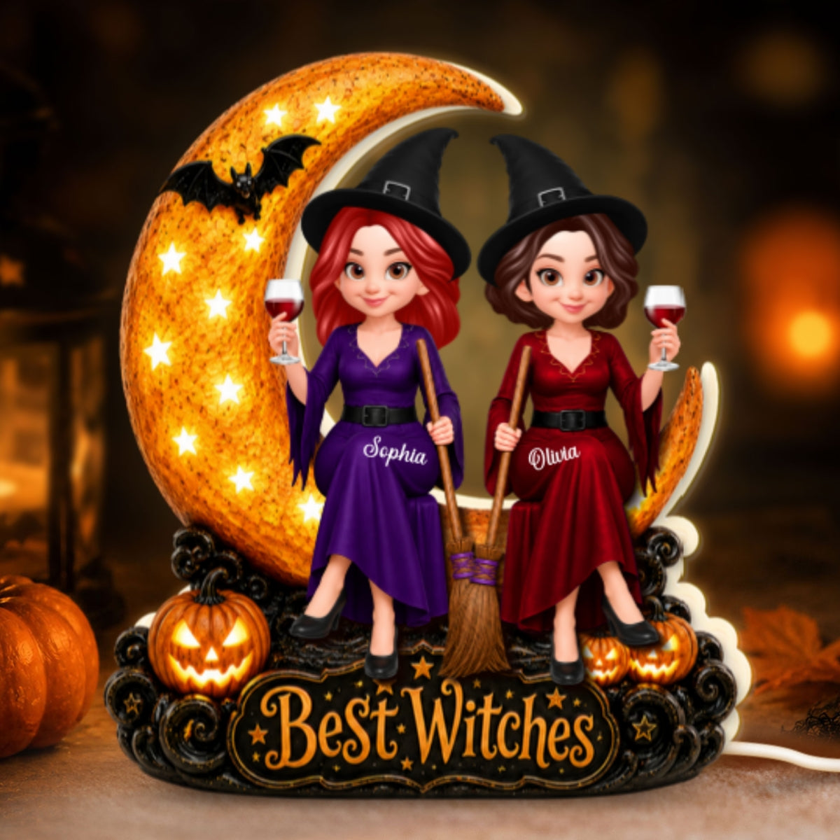 Witch Besties Sitting On Moon 2D Flat - Personalized Light Box - Halloween Gift Decoration