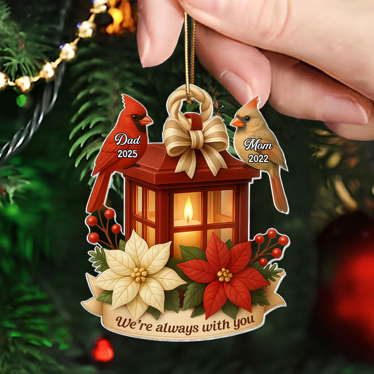 Cardinal On Christmas Lantern 3D Effect Personalized Acrylic Ornament, Meaningful Memorial Symphathy Gift