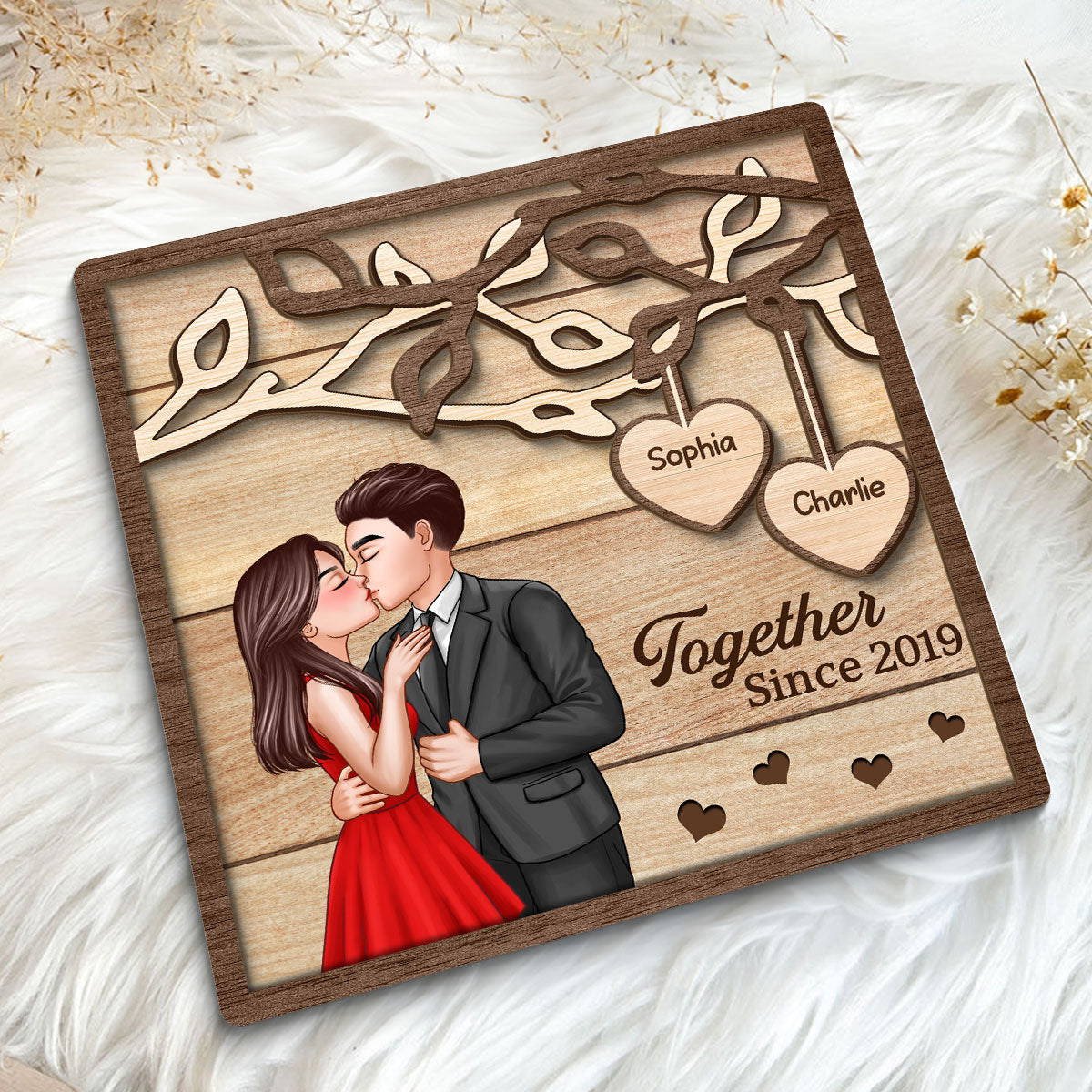 Couple Kissing Under Tree Elegant Couple Personalized 2-Layer Wooden Plaque