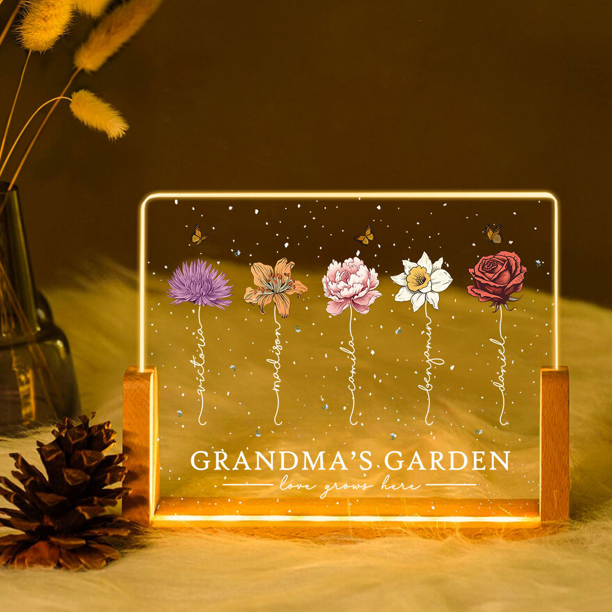 Grandma's Garden Love Grows Here Birthmonth Flowers Personalized U-Base Acrylic LED Night Light, Grandkids Names Floral Gift