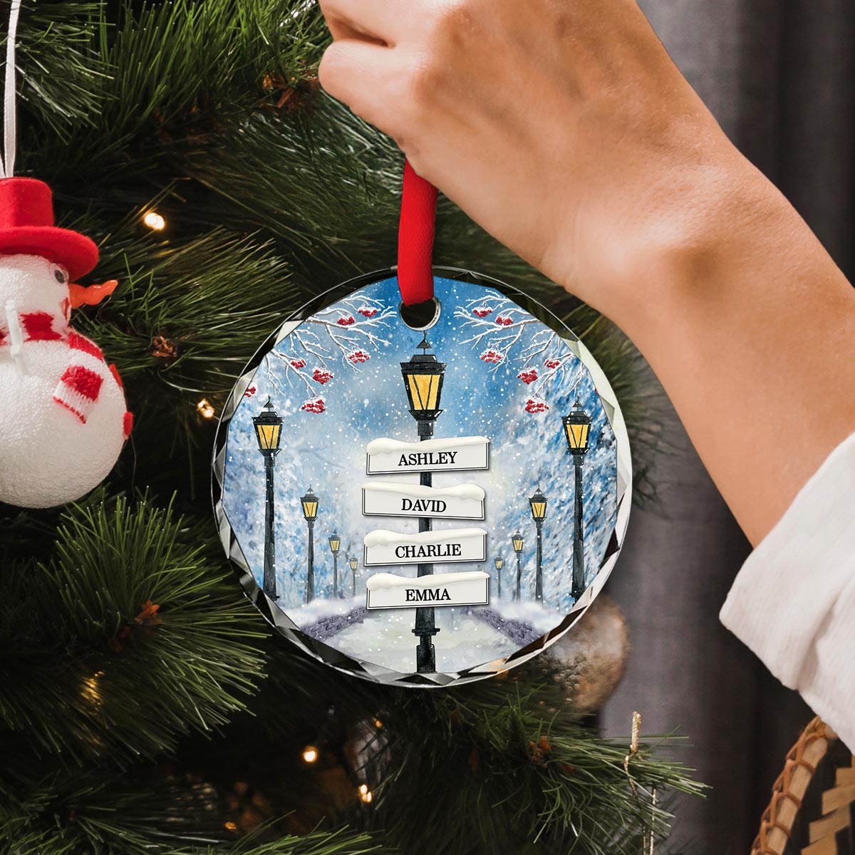 Winter Family Names Lamp Post Signs Christmas Glass Ornament, Christmas Gift For Family