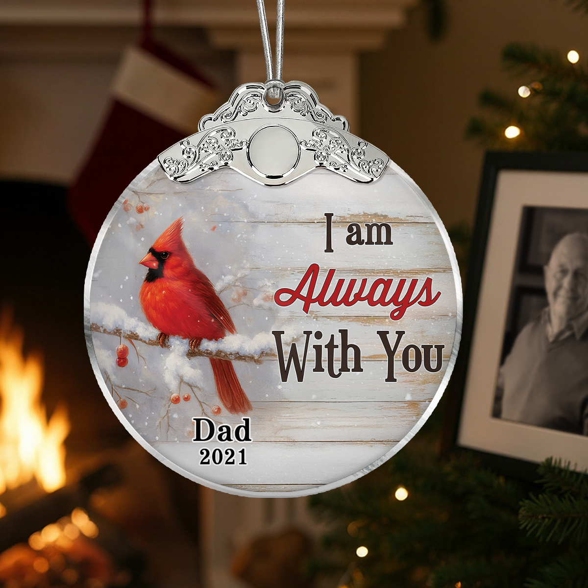 We're Always With You Cardinals In Snow - Personalized Glass Ornament With Silver Cap - Christmas Memorial Keepsake For Family