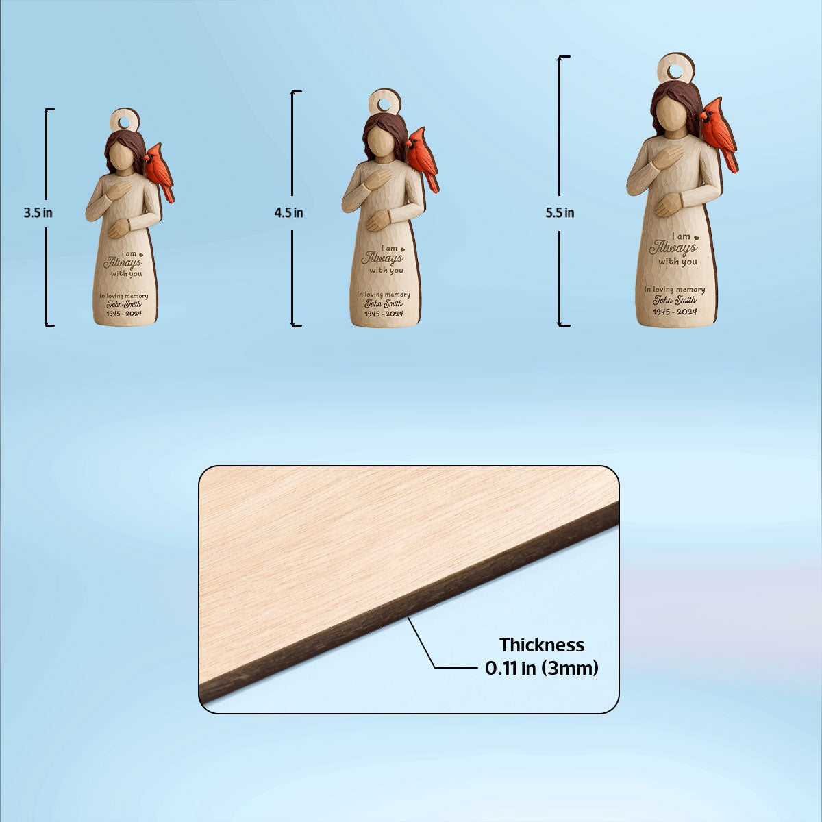 Always With You Cardinal & Woman 3D Effect Personalized Wooden Ornament, Memorial Sympathy Gift