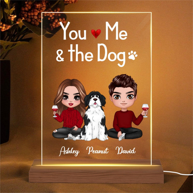 Doll Couple Sitting With Dogs You Me And The Dogs Personalized Rectangle Acrylic Plaque LED Lamp Night Light