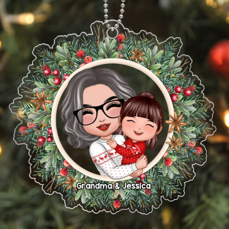Grandma Hugging Grandkid Christmas Wreath Personalized Acrylic Ornament