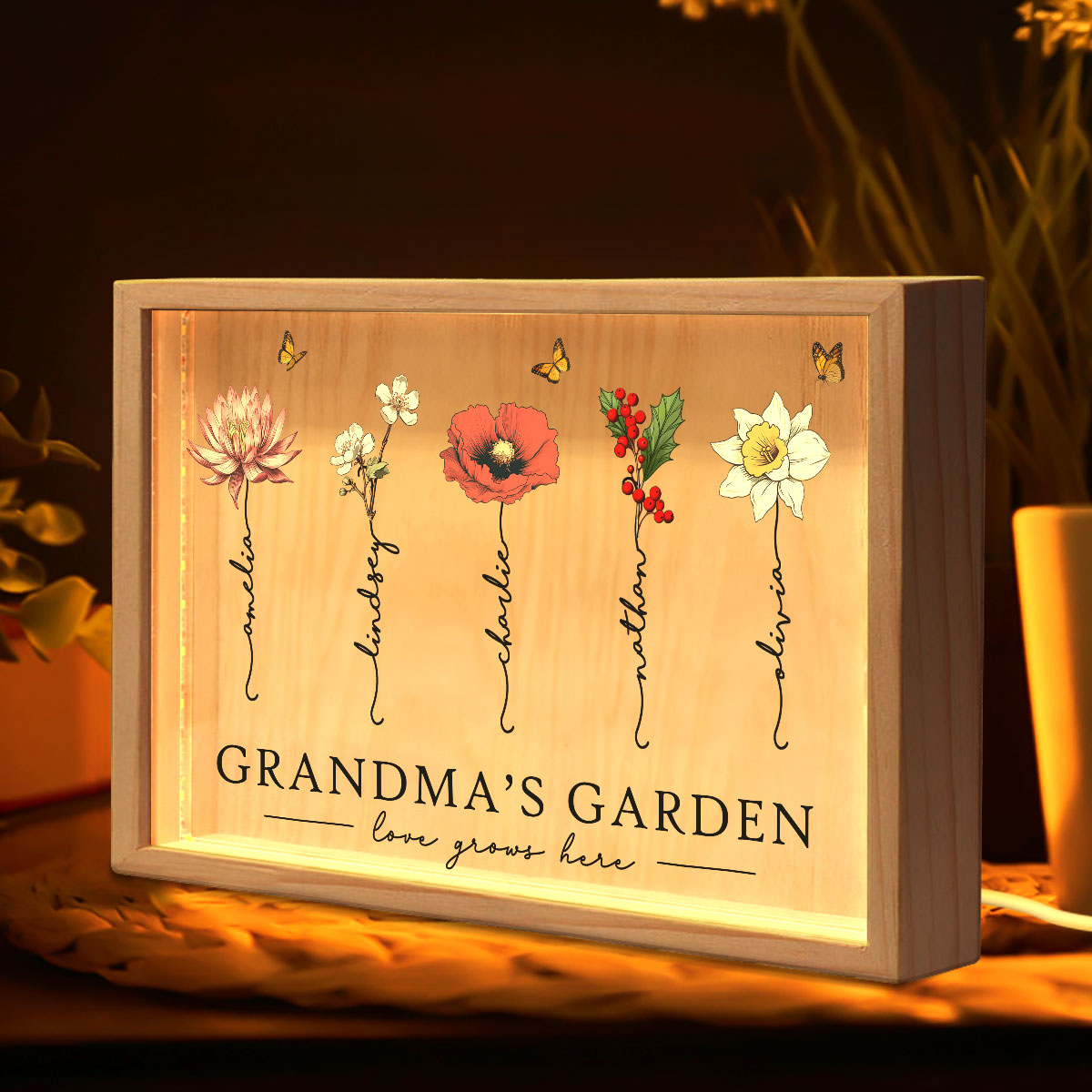 Grandma‘s Garden Love Grows Here Beautiful Birth Month Flower Gift For Grandma Mom Personalized Wooden Frame Light Box