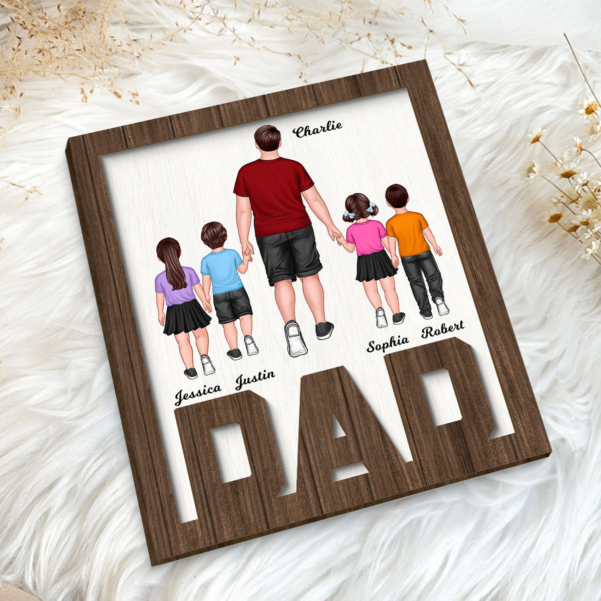 Dad And Kids Walking Back View Personalized 2-Layer Wooden Plaque
