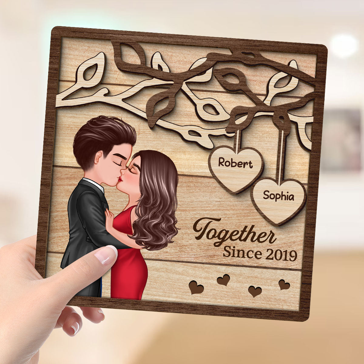 Couple Kissing Under Tree Pretty Elegant Couple Personalized 2-Layer Wooden Plaque