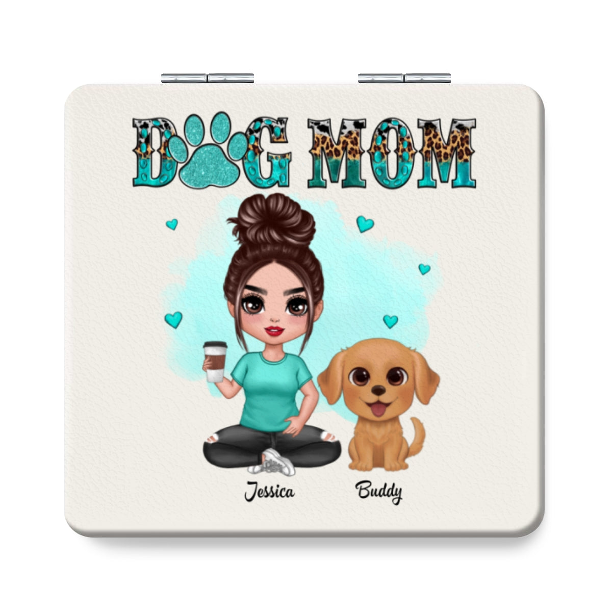 Watercolor Cute Dogs Teal And Leopard Dog Mom Personalized Square Compact Mirror
