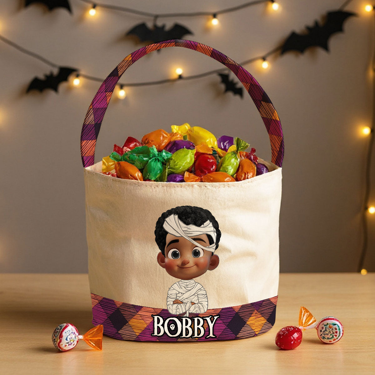 Halloween Cute Kids Personalized Trick or Treat Basket, Custom Names Candy Bucket for Kids
