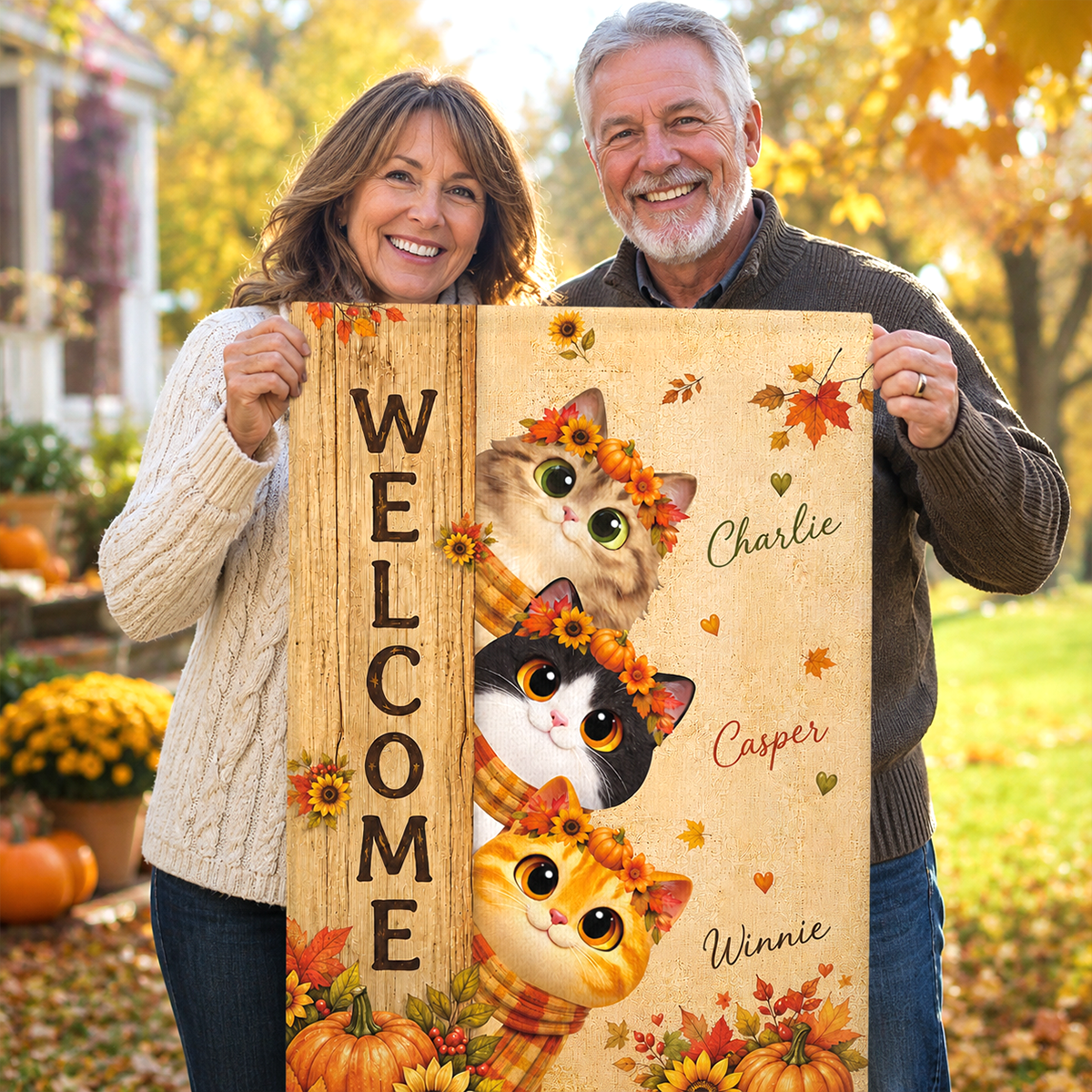 Cozy Fall Cat Welcome - Personalized Garden Flag