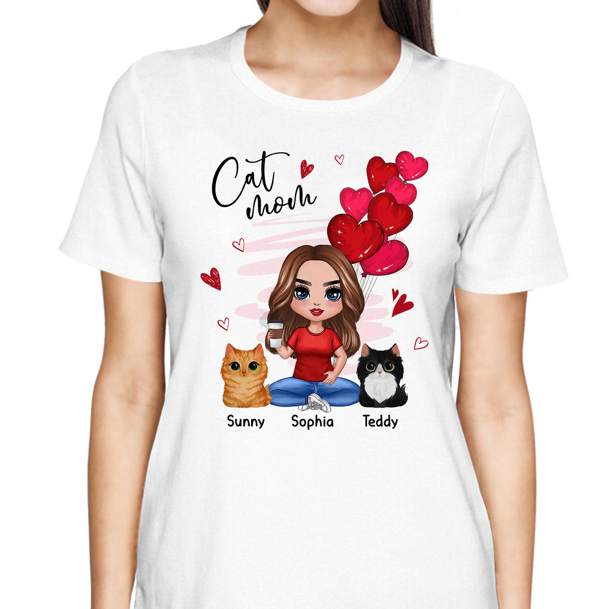 Red Hearts Cat Mom Watercolor Cute Cats Personalized Shirt