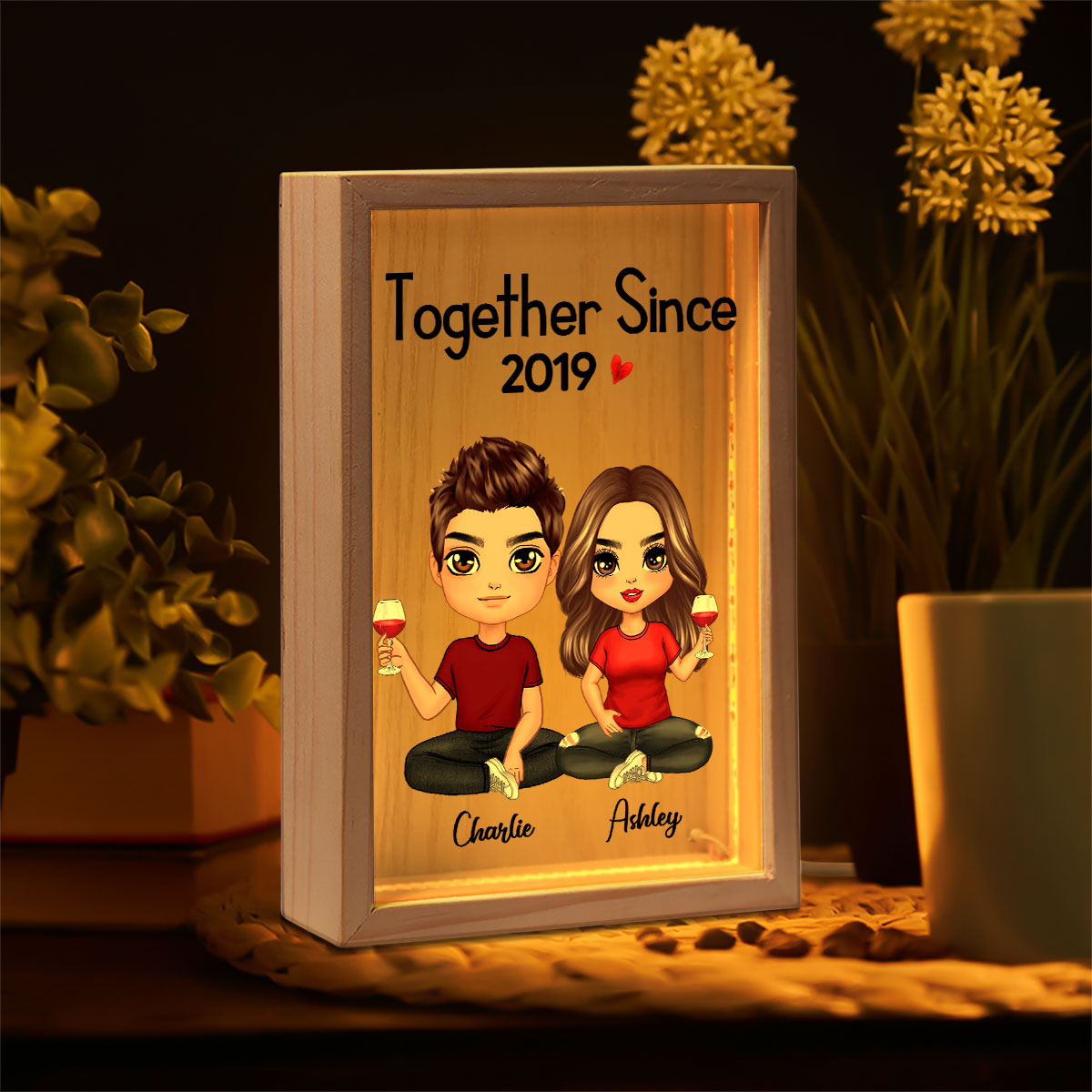 Doll Couple Sitting Gift For Him Gift For Her Personalized Wooden Frame Light Box