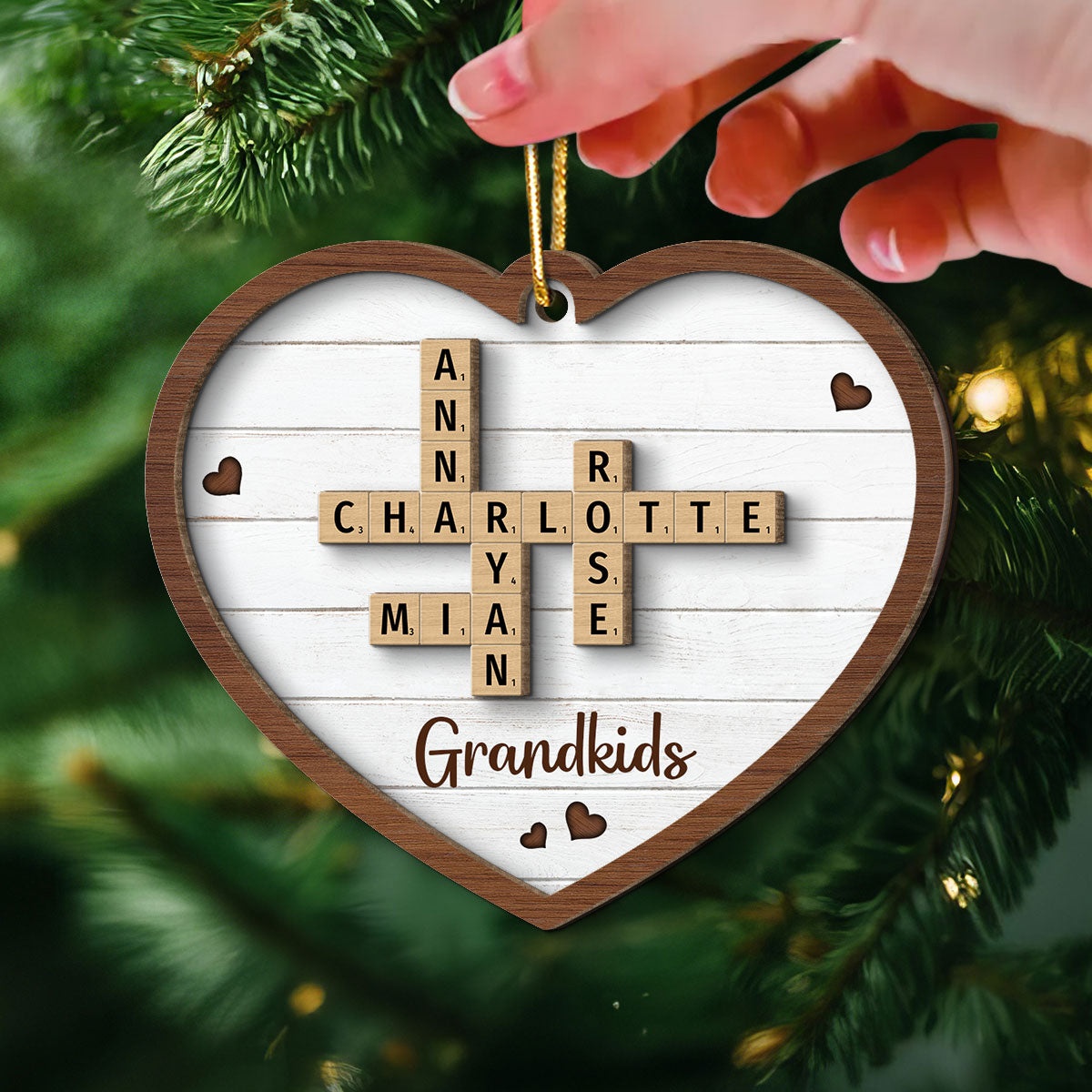 Grandkids Crossword Puzzle Art - Personalized 2-Layered Wooden Ornament - Christmas Gift For Mom, Gift For Grandma