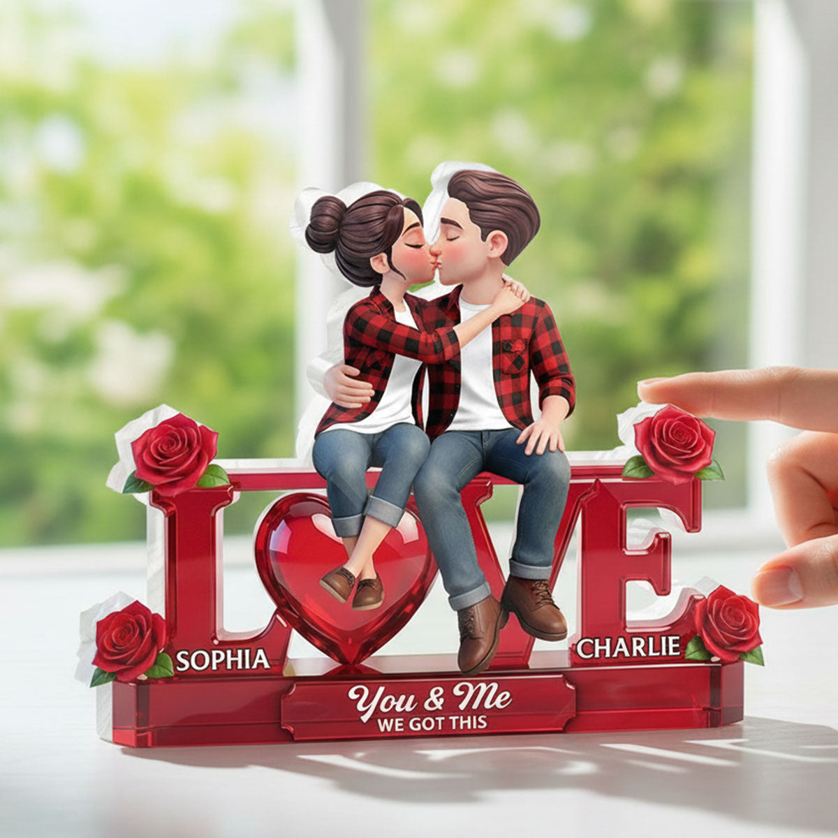 Roses LOVE Couple Sitting Kissing - Personalized Acrylic Block Plaque - Valentine's Day Gift For Couple, For Him, For Her