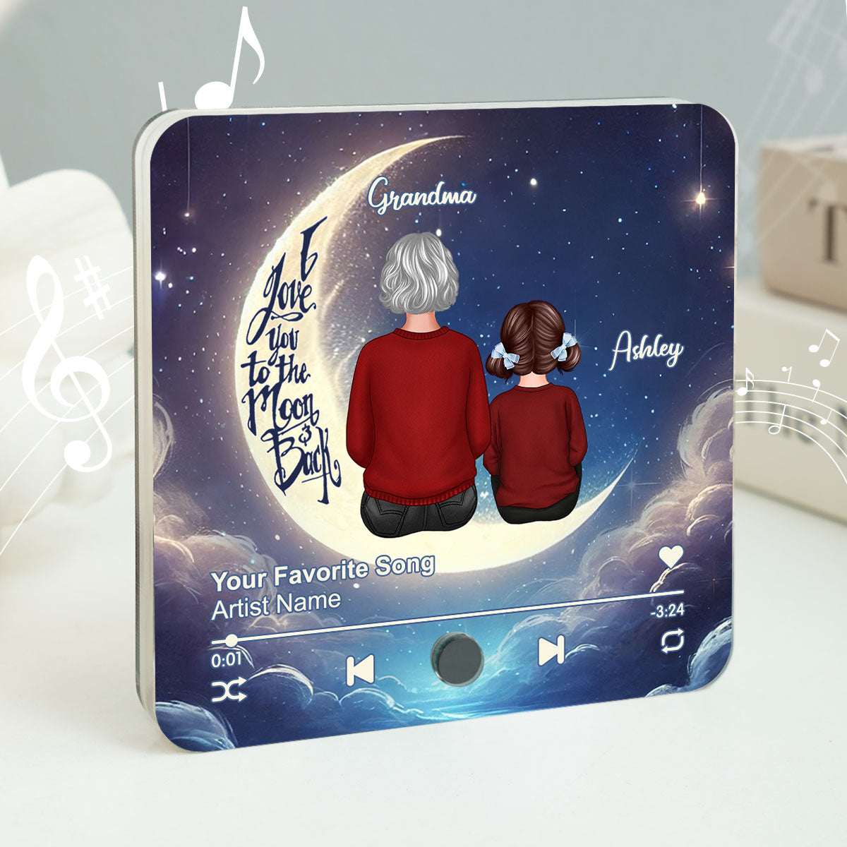 Grandma & Grandkids Sitting On The Moon Personalized Music Fridge Magnet, Perfect 2025 Gift For Mom For Grandma