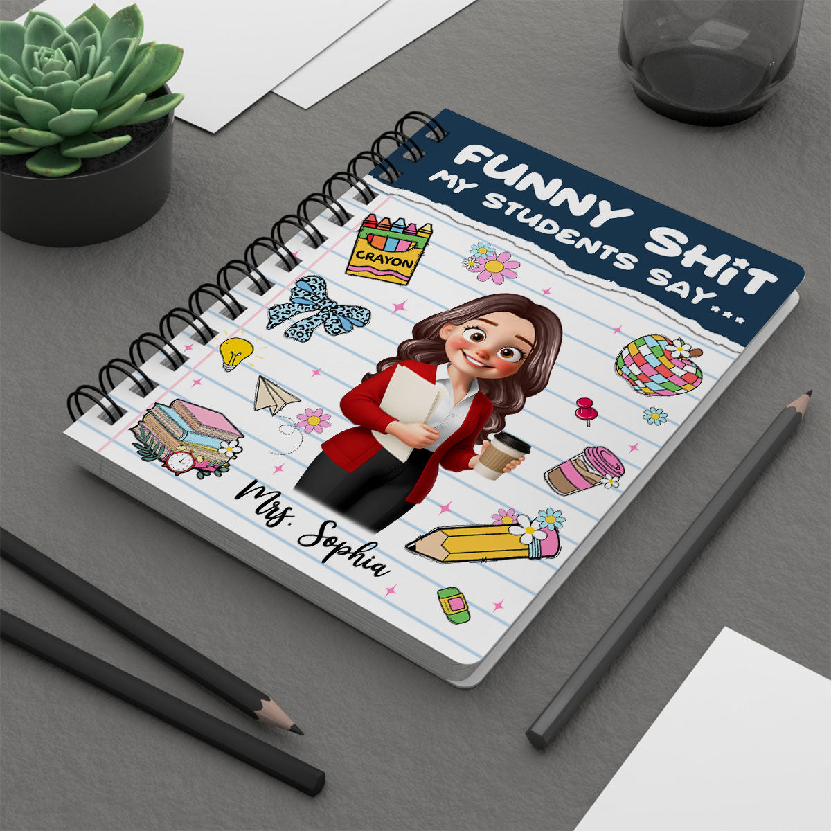 Funny Shit My Students Say Cute Cartoon Teacher Personalized Spiral Notebook Journal