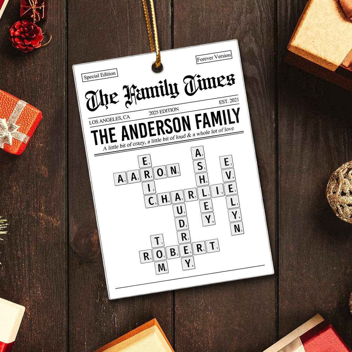 The Family Times Crossword Puzzle Newspaper Style - Personalized Acrylic Ornament - Christmas Keepsake Gift For Family
