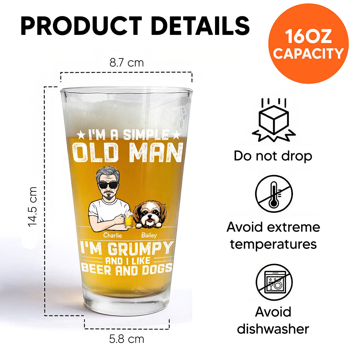 Simple Old Man Grumpy Like Dogs & Beer Dog Lover Beer Lover Gift Personalized Beer Glass