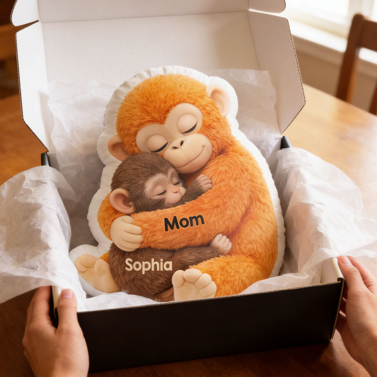 Mother Monkey & Children, Baby Monkey Punch - Personalized Faux Fur Custom Shaped Pillow - Heartfelt Mother's Day Gift for Mom, Wife