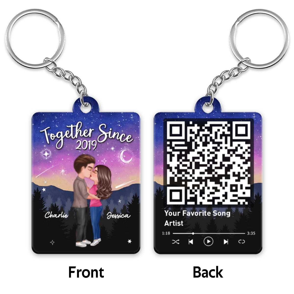 Doll Couple Kissing In Galaxy Night Favorite Song Scannable QR Code Personalized Acrylic Keychain