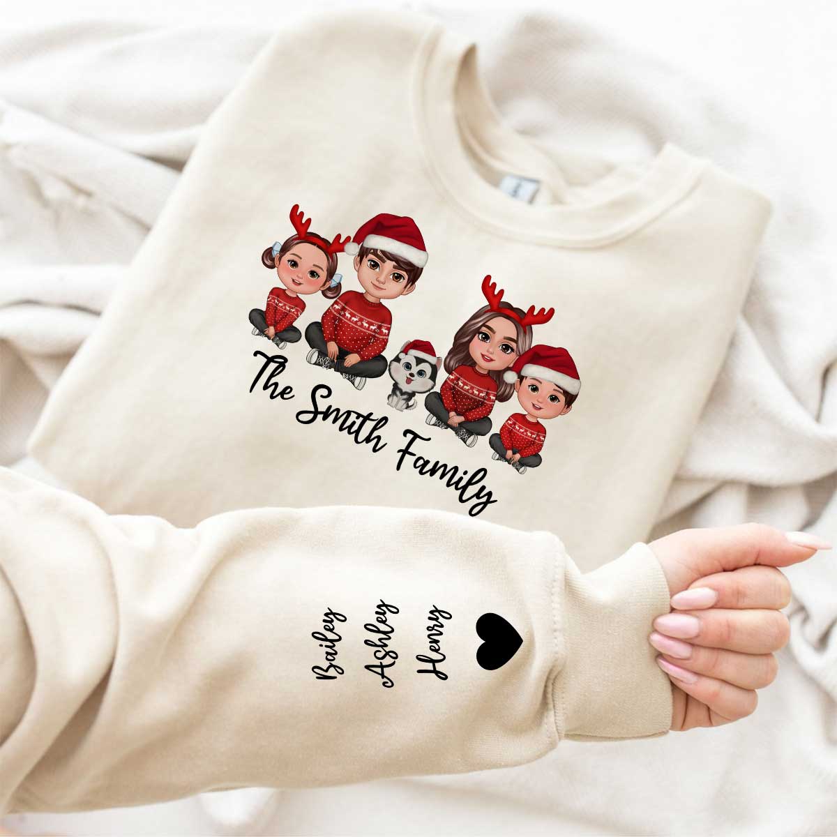 Doll Family Sitting Christmas Personalized Sleeve Printed Sweatshirt