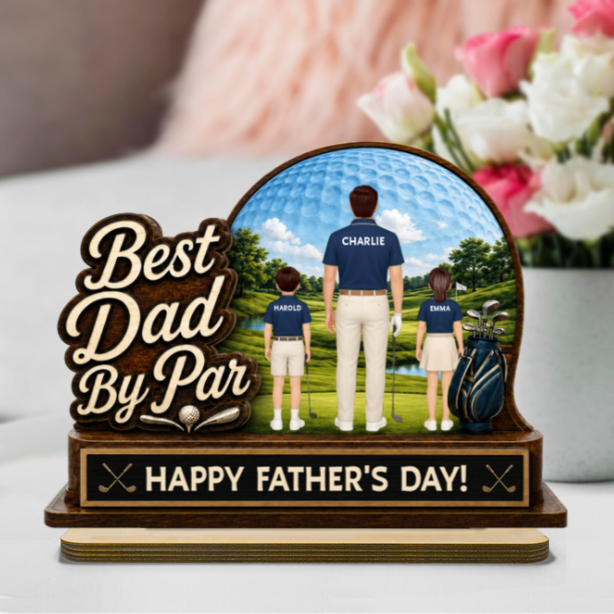 Best Dad By Par Custom Man & Kids Back View - Personalized 2-Layered Wooden Plaque - Father's Day Gift For Golf Dad
