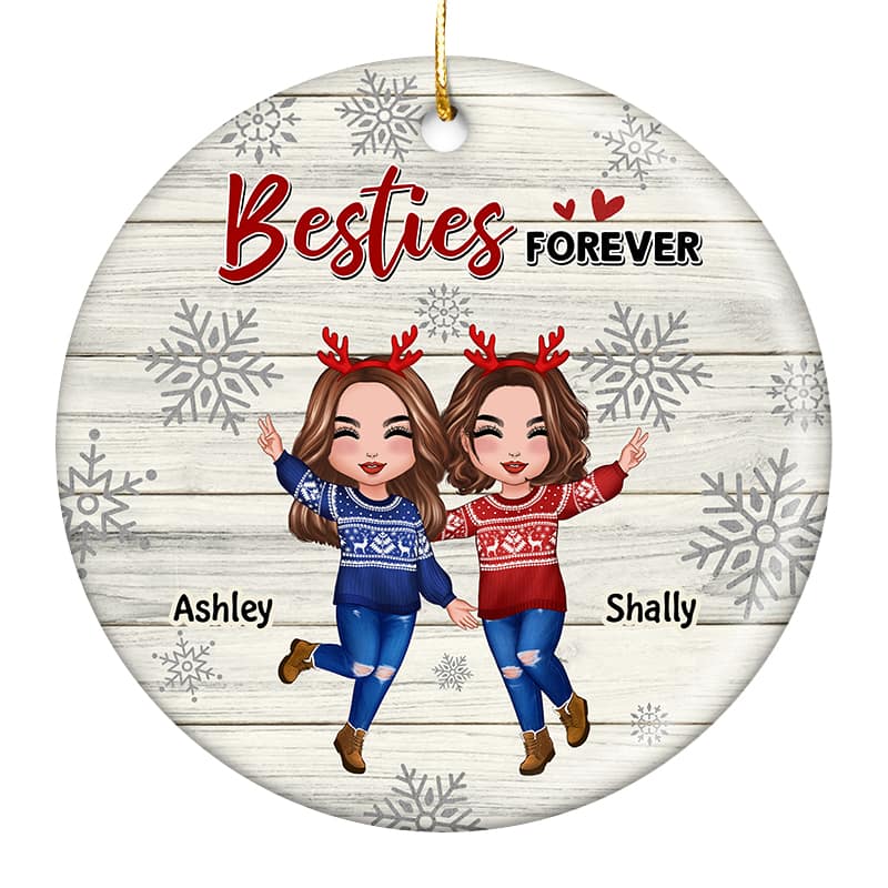 Best Friends Sisters Snowflakes Stripe Personalized Circle Ornament