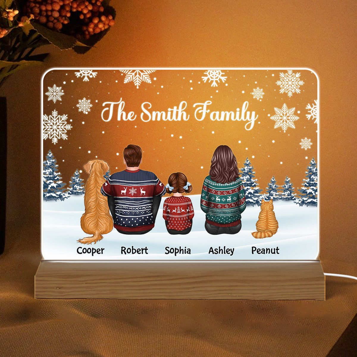Family Dad Mom Kids Dogs Cats Snow Background Christmas Personalized Custom Shape Acrylic Plaque Warm LED Night Light