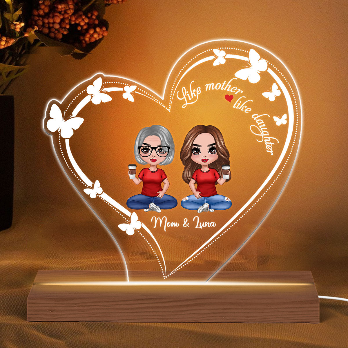 Heart Butterflies Doll Mother And Daughters Personalized Custom Shape LED Night Light