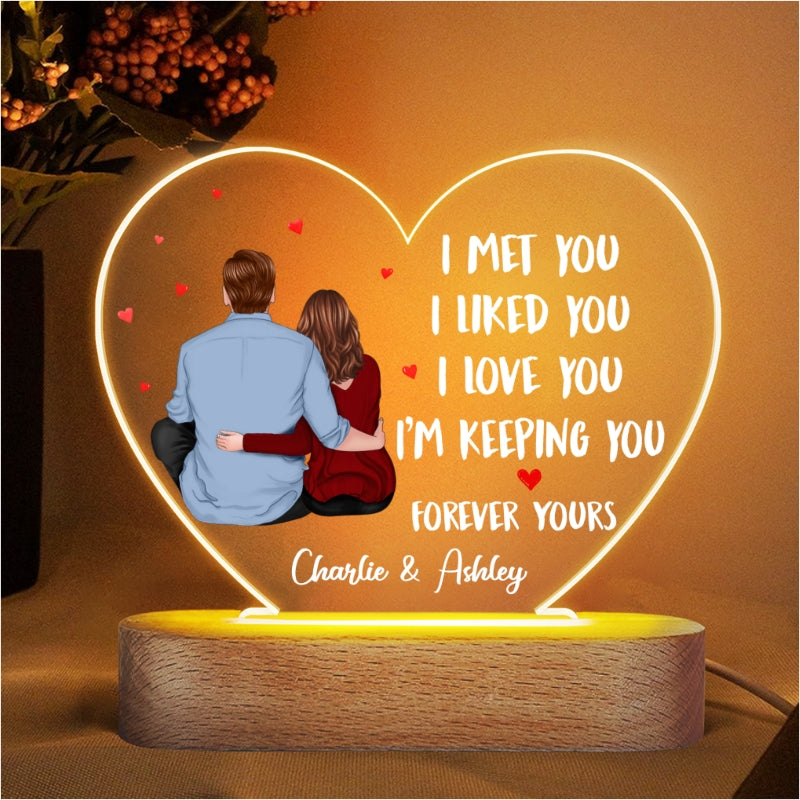 Back View Couple Sitting I Met You Like You Love You Gift For Him For Her Personalized Acrylic Heart Plaque LED Lamp Night Light