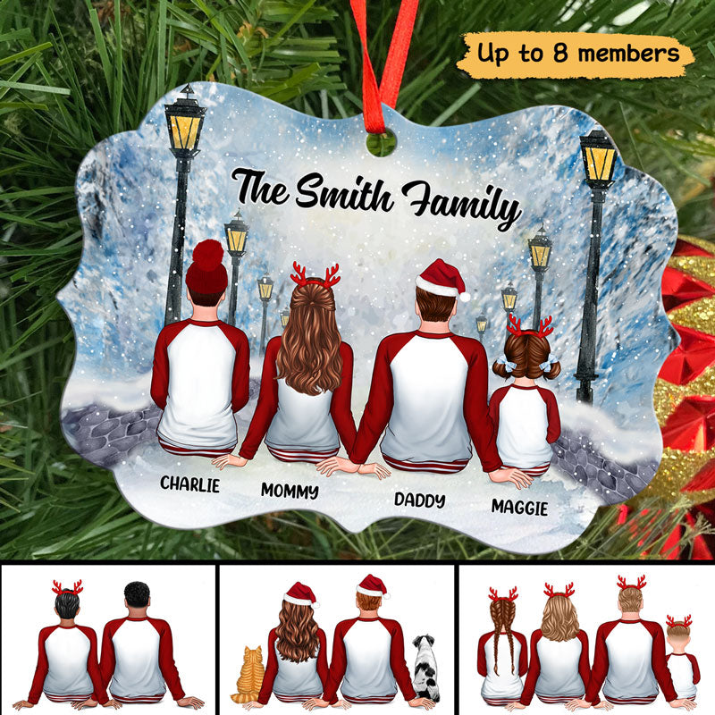 Family Back View In Snow Lamppost Personalized Christmas Ornament