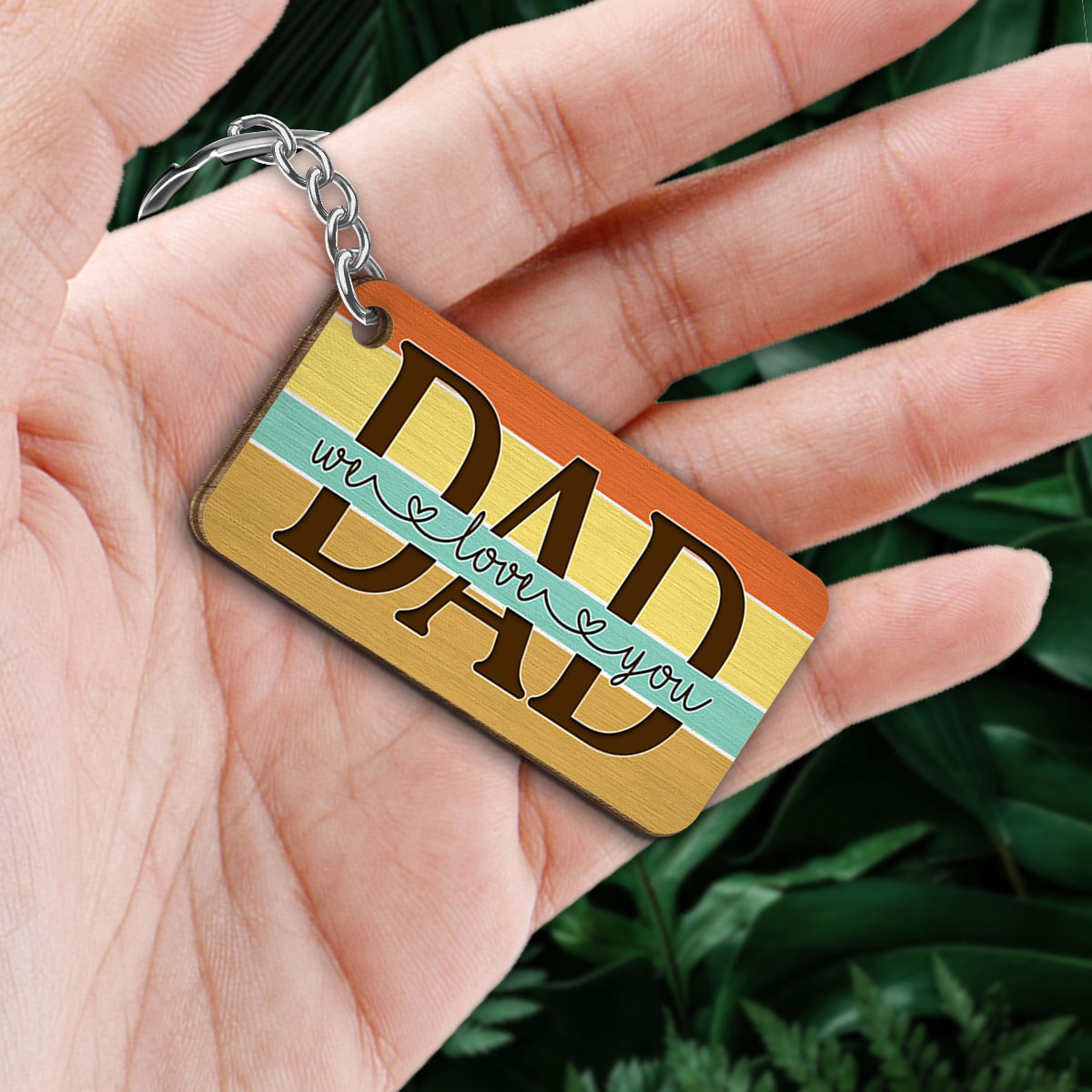 Best Dad Ever Back View Sitting Man & Kids Dog Cat Retro Personalized Wooden Keychain