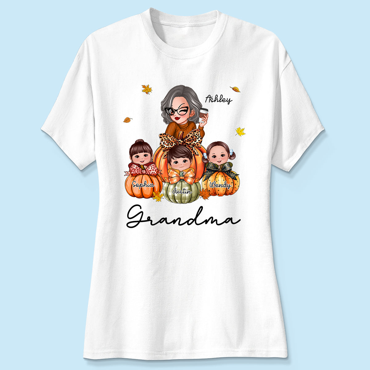Grandma Mom Kids On Pumpkin Personalized Shirt, Fall Season Gift For Mom Grandma