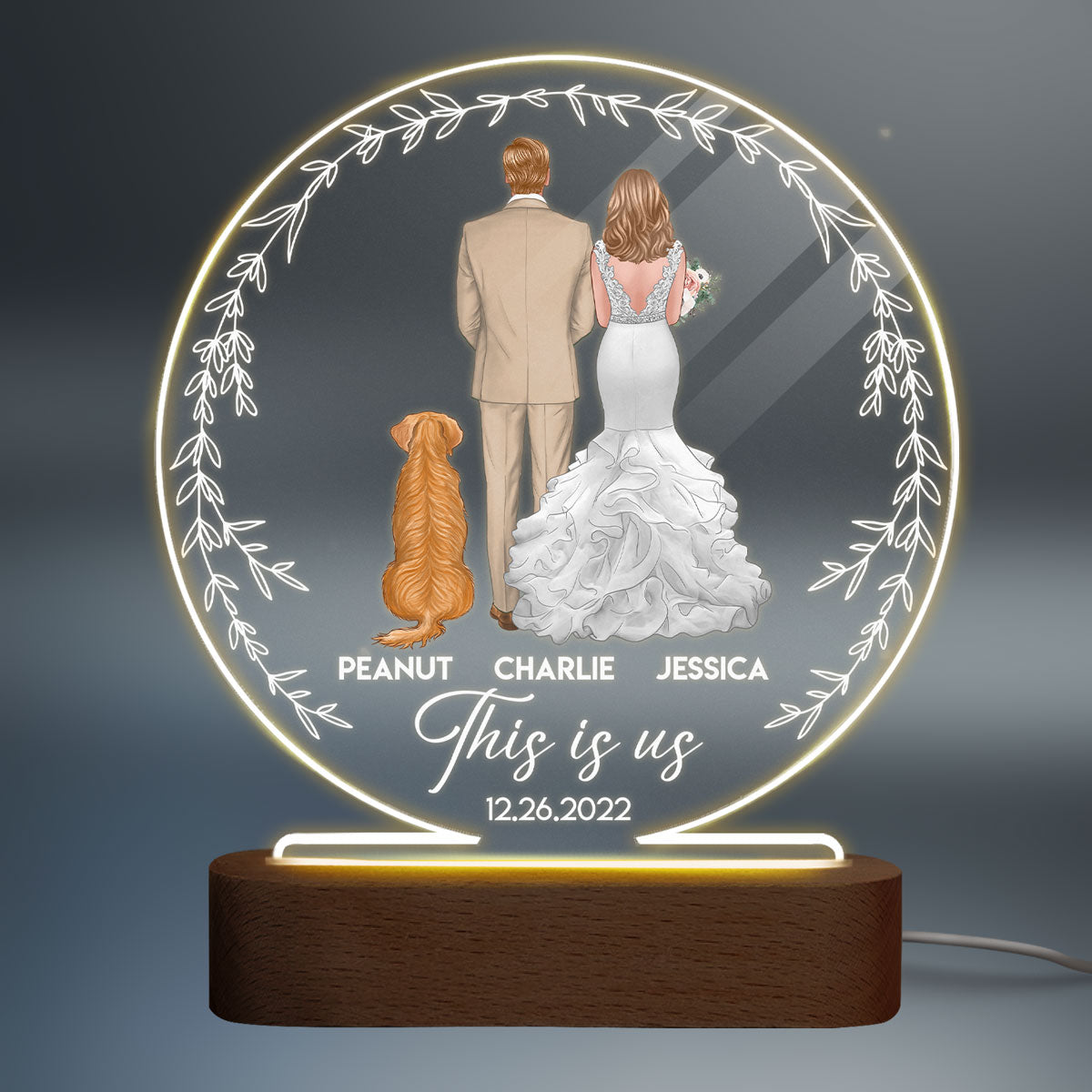 Back View Couple Groom & Bride With Dog Personalized Circle Acrylic Plaque With LED Night Light - New Wedding Gifts - Gifts for Couples - Engagement Gifts