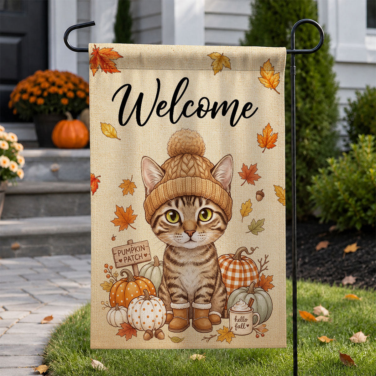 Hello Fall Custom Dog Cat Pet Portrait from Photo - Personalized Garden Flag - Cozy Fall Decor for Pet Lovers