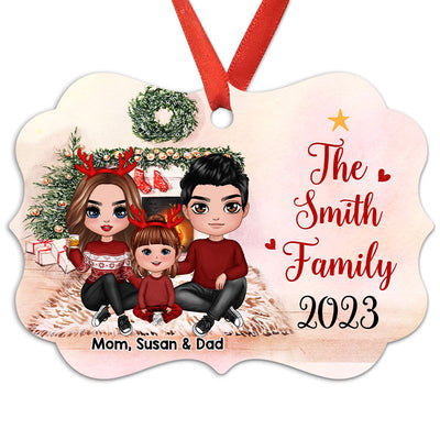 Family Sitting Beside Fireplace Personalized Christmas Ornament