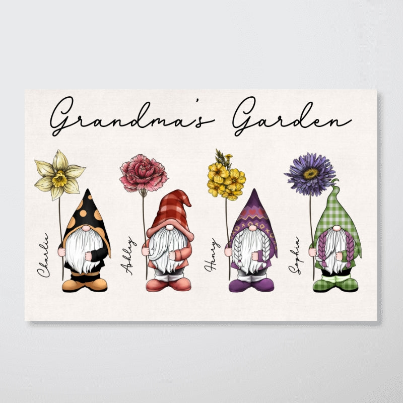 Gift For Grandma Mom Grandma‘s Garden Beautiful Vintage Birth Flowers Cute Gnomes Personalized Horizontal Poster