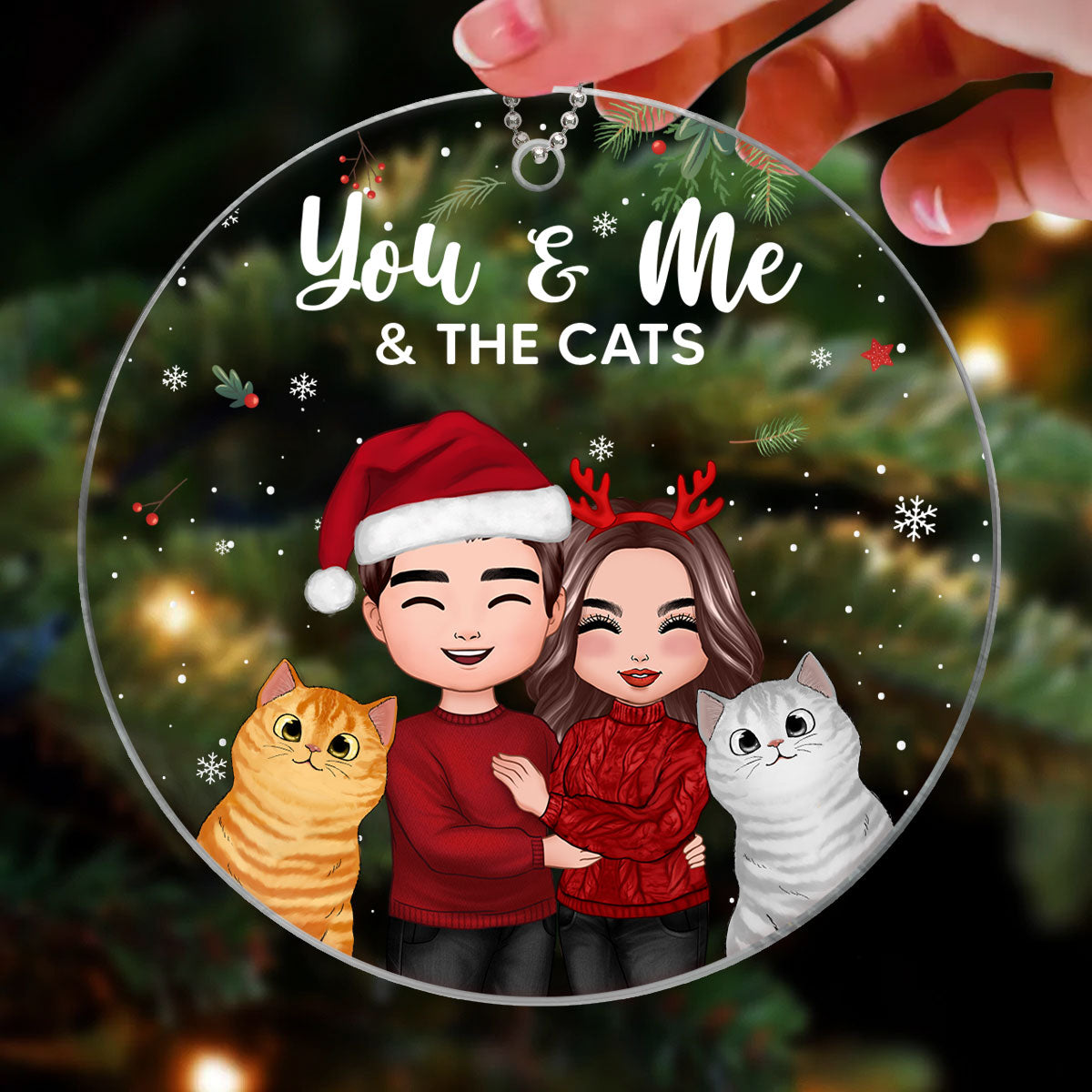 Doll Couple Standing Hugging You Me And The Cats Christmas Personalized Circle Ornament