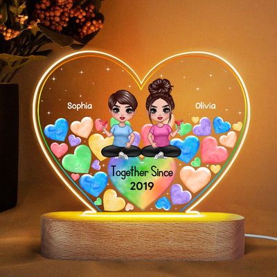 LGBT Doll Couple Hearts In Heart Personalized Heart Acrylic Plaque With LED Night Light
