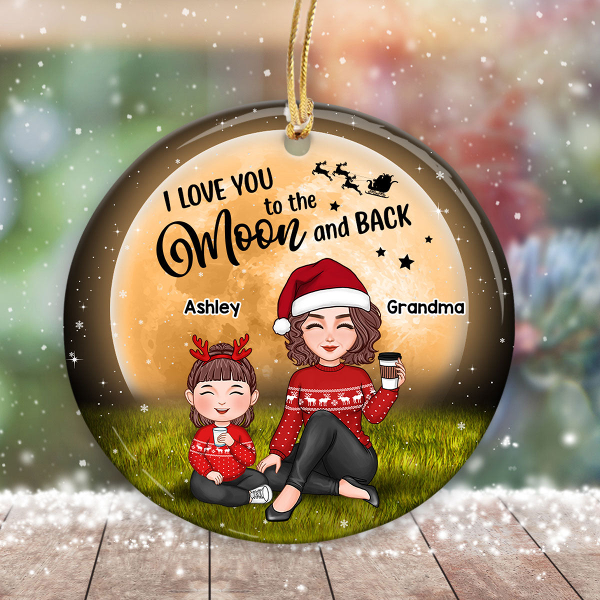 Cute Grandma Sitting With Grandkids In Moonlight Christmas Personalized Circle Ornament