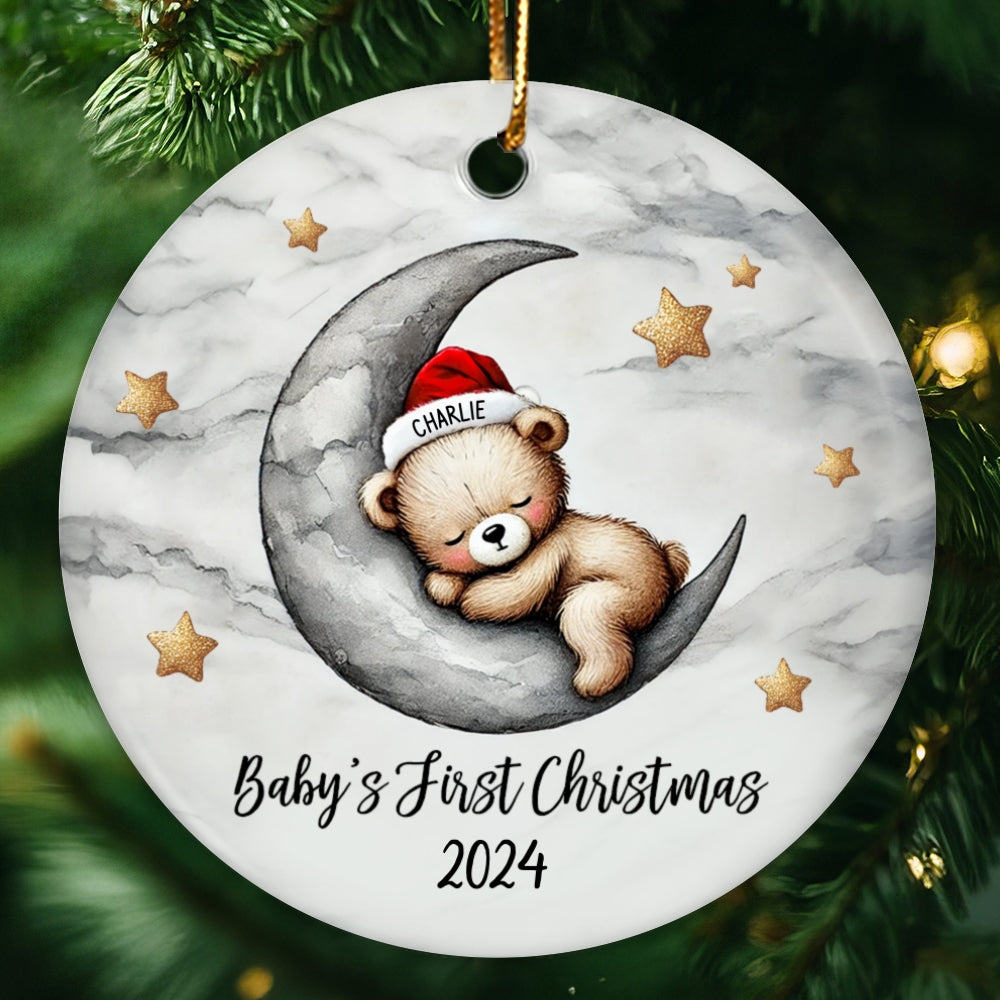 Baby Bear On The Moon, Baby's First Christmas Personalized Ceramic Ornament, Christmas Keepsake for Baby Boy, Baby Girl