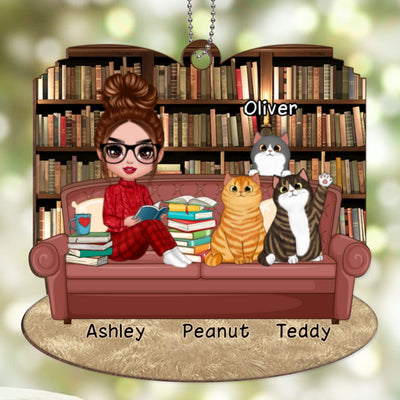 Doll Girl Reading Book With Cats Personalized Wooden Ornament