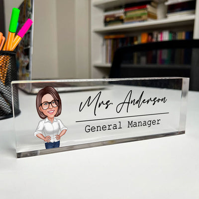 Caricature Woman Man Office Personalized Acrylic Desk Name Plate, Office Desk Decor, Gift For Colleagues, Coworkers