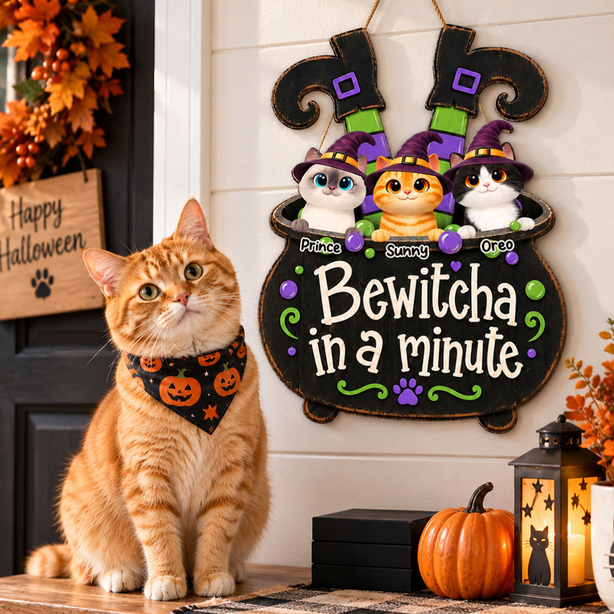 Halloween Witch Cauldron Cute Cats Bewitcha In A Minute - Personalized Wood Sign - Halloween Decor For Cat Lovers