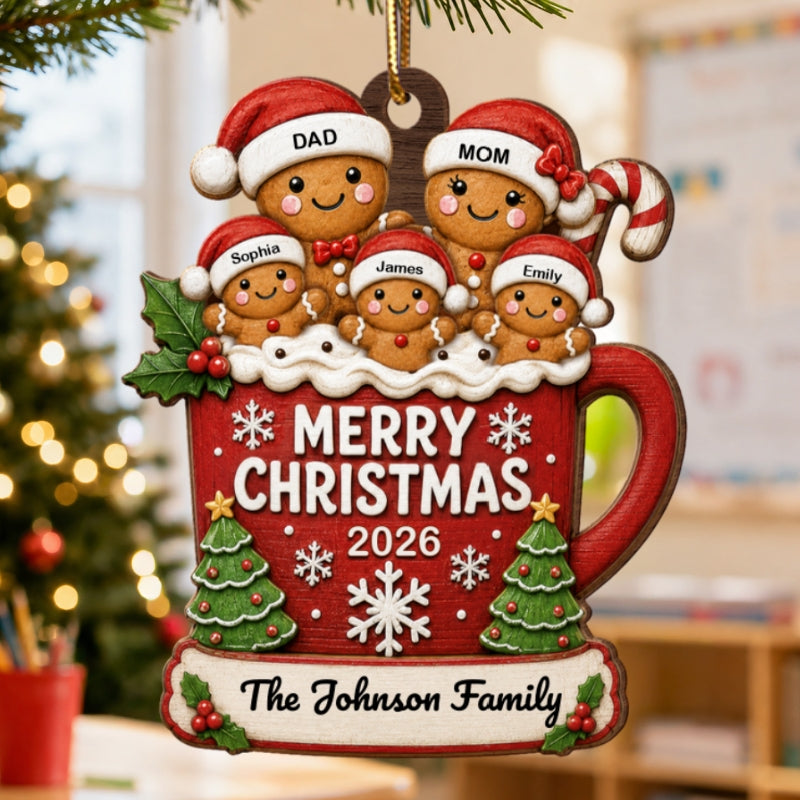 Gingerbread Family In Hot Cocoa 2D Flat - Personalized Wooden Ornament - Christmas Tree Decor For Family