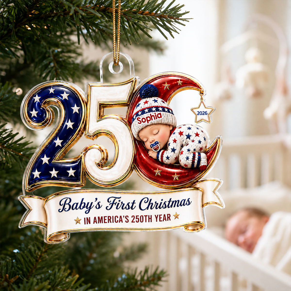 Baby’s First Christmas 2026 2D Flat - Personalized Acrylic Ornament - 250 Years of America Patriotic Keepsake