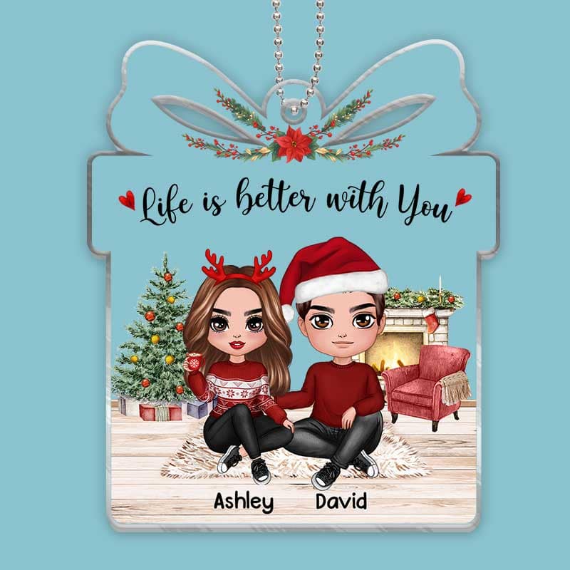 Doll Couple In House Gift Shape Christmas Personalized Acrylic Ornament
