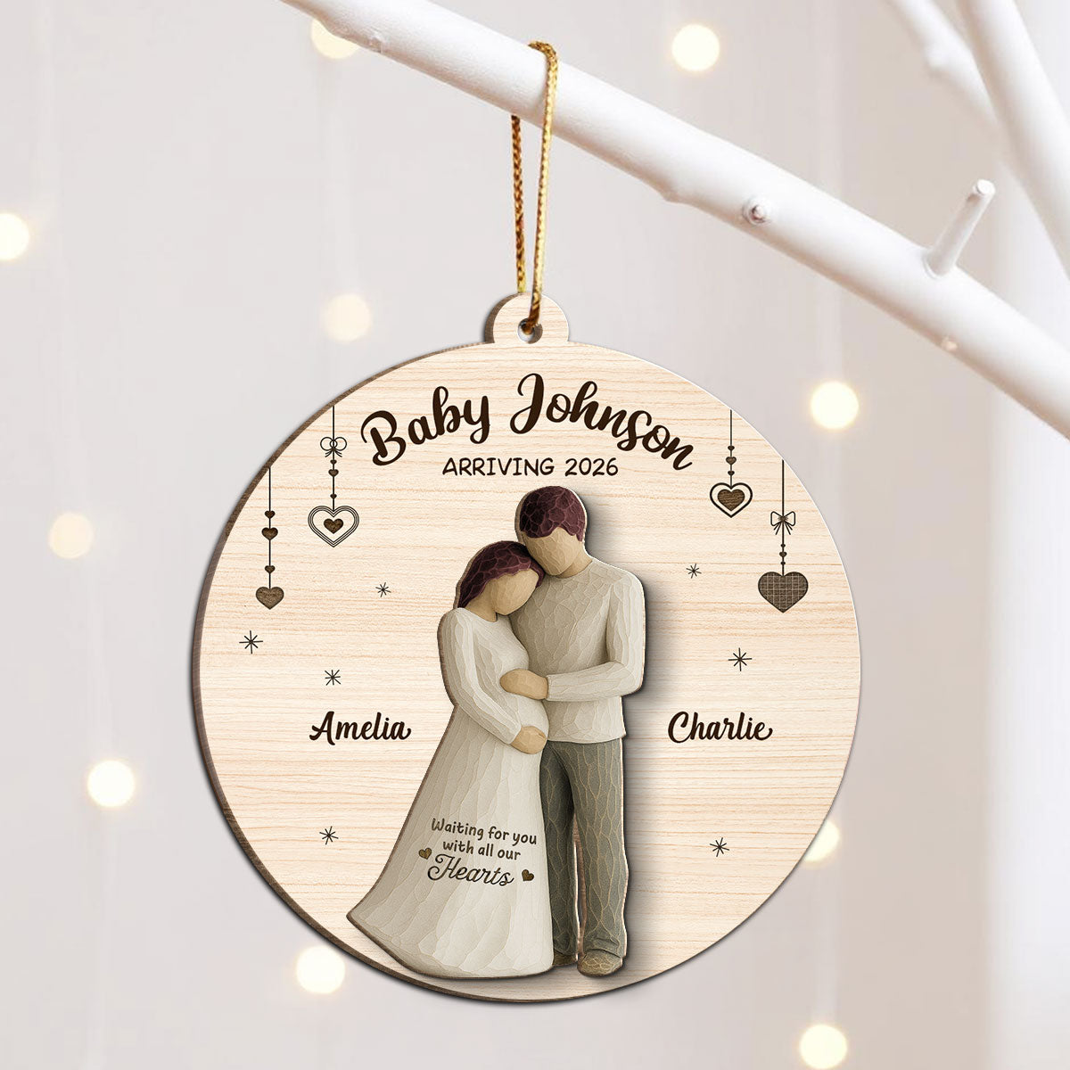 2D Flat Waiting For You With All Our Hearts Couple Expecting Baby - Personalized 2-Layer Wooden Ornament, Baby Shower Gift For Parents-to-be