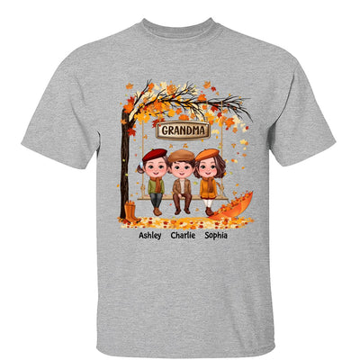 Fall Season Kids Sitting On Swing Grandma Mom Personalized Shirt